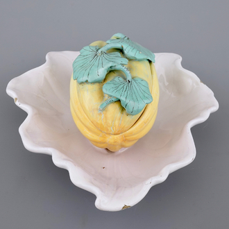 A German Schrezheim melon-shaped faience tureen on stand, 18th C.